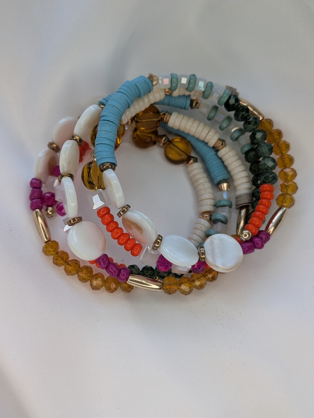Colorful Beaded Memory Wire Wrap Bracelet Shell Discs Heishi Crystals Boho Cuff